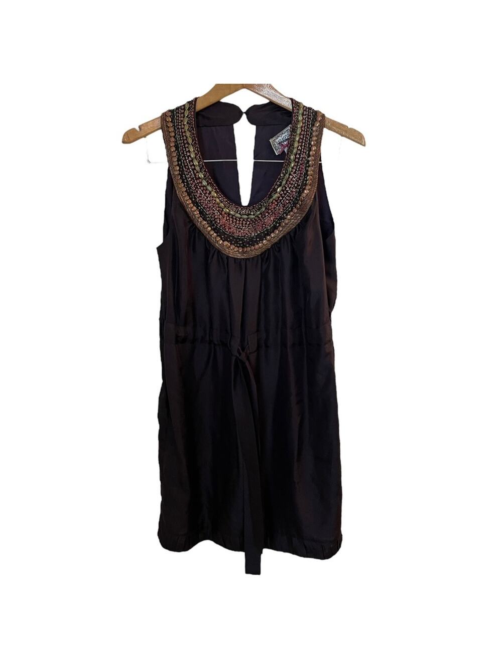 Baraschi Anthropology Women’s Purple Silk Dress Beaded Adjustable Tie Waist M